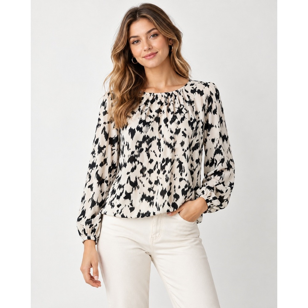 Melloday Women's Medium Black Ivory Animal Print Long Sleeve Blouse Relaxed Fit